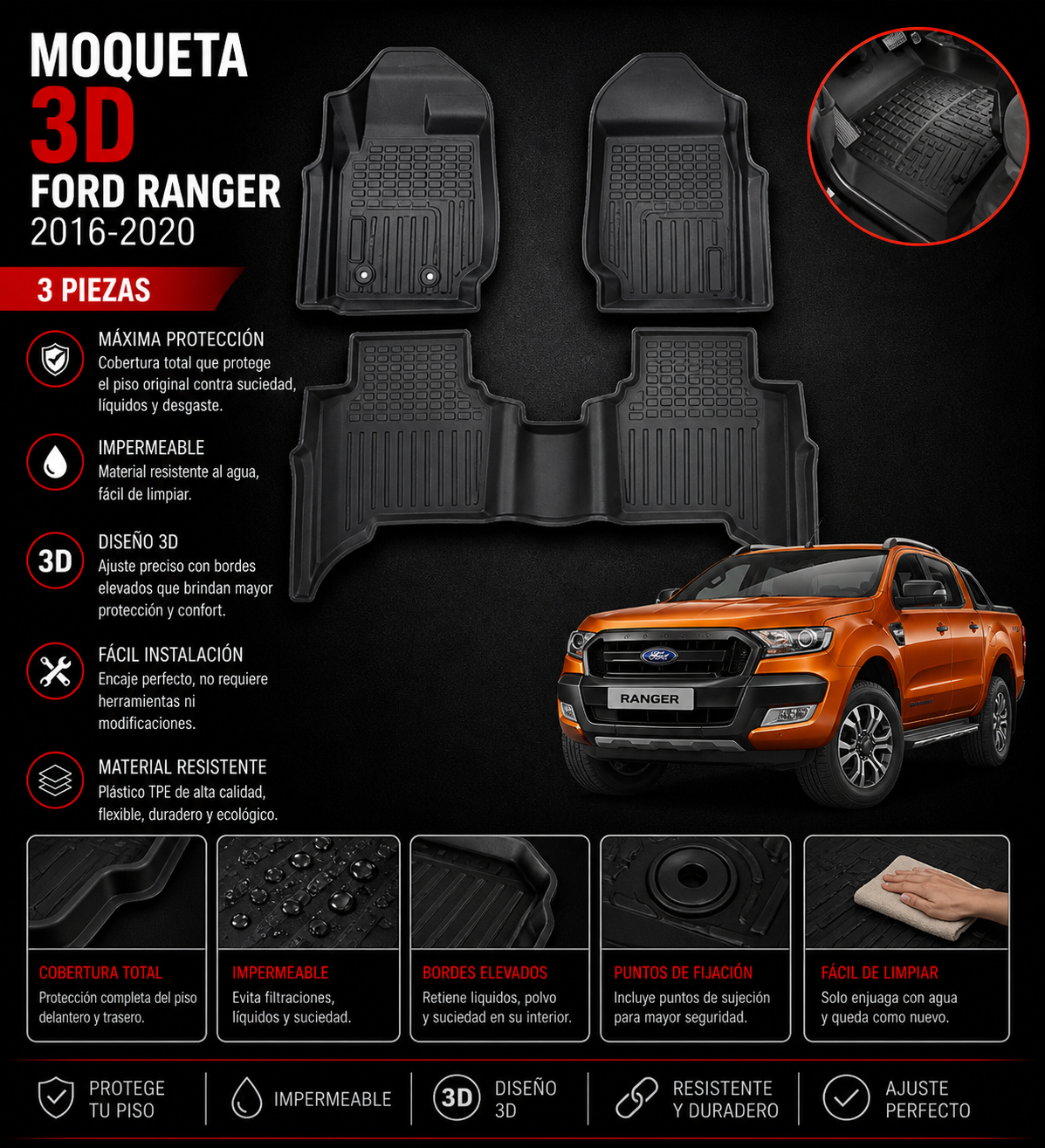 MOQUETA 3D TERMOFORMADA FORD RANGER 2016 - 2020