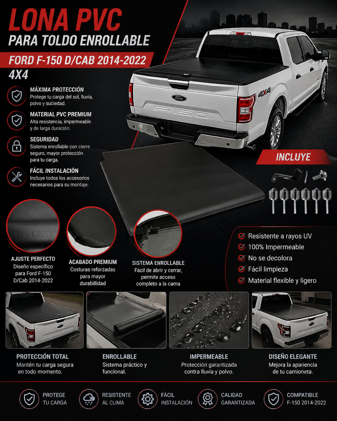 LONA PVC TAPA TOLDO ENROLLABLE FORD F-150 D/CAB 2014 - 2022