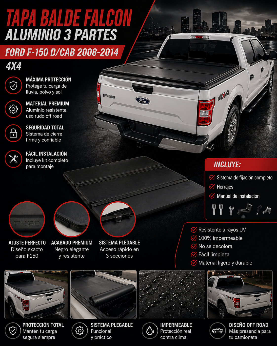 TAPA BALDE FALCON ALUMINIO 3 PARTES FORD F-150 D/CAB 2008 - 2014